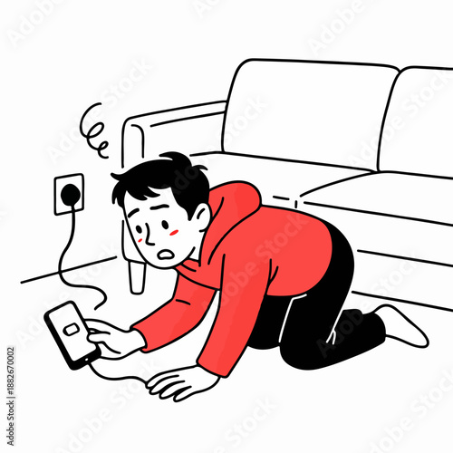 Funny illustration of a man crawling on the floor searching for his phone