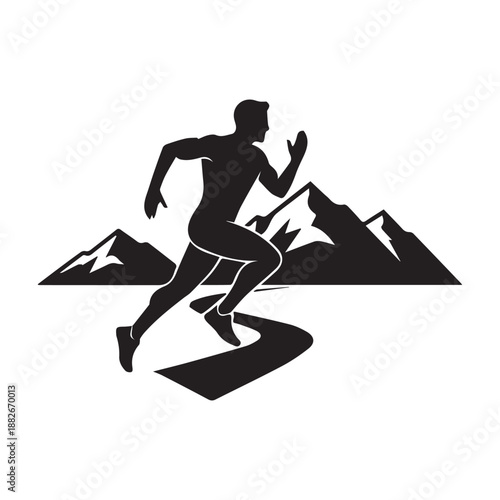 Athlete Running Silhouette on Mountain Trail at Sunrise