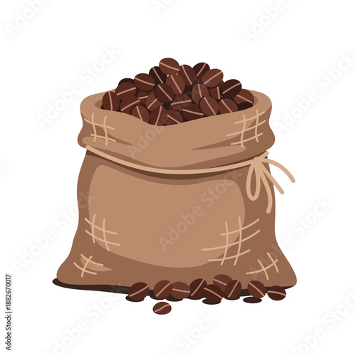 Burlap sack overflowing with roasted coffee beans, isolated on white background