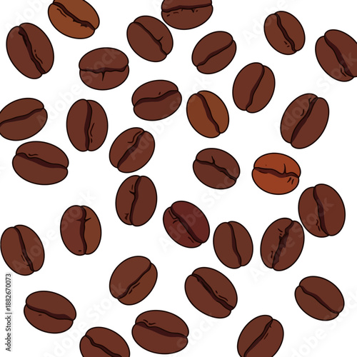 Scattered Roasted Coffee Beans - Abstract Pattern, White Background