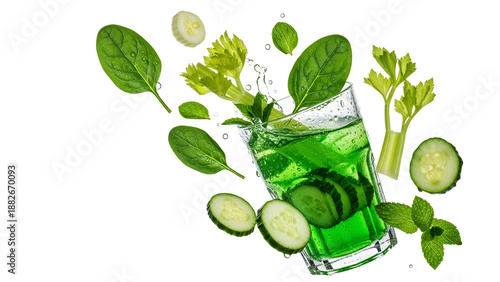 Invigorating green juice splash with fresh cucumber, spinach, celery, and mint for a refreshing wellness boost.