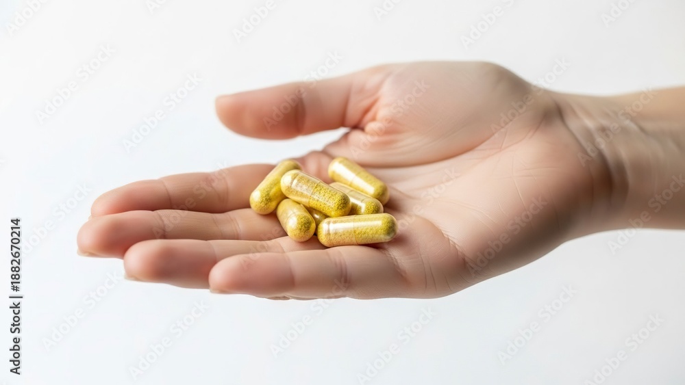 Fototapeta premium Hand holding yellow pills with clear capsules granular contents against a white background