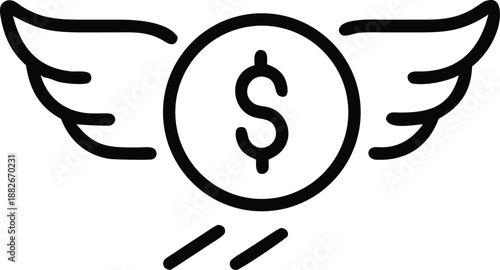 Flying coin line art icon with dollar sign and motion lines