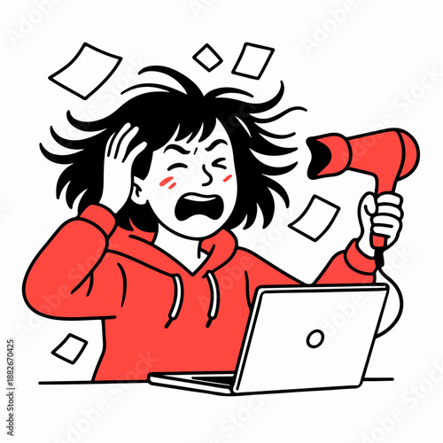 Cartoon illustration of a frustrated woman dealing with work problems and paperwork