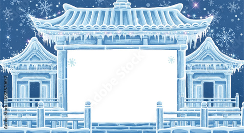 Chinese pagoda gate. Blue and white illustration. Snowflakes background. Ancient architecture. Asian temple. Vector design. Cultural landmark. Traditional building.