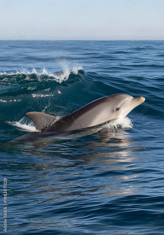 Fototapeta premium Dolphin Swimming at Ocean Surface in Natural Sunlight