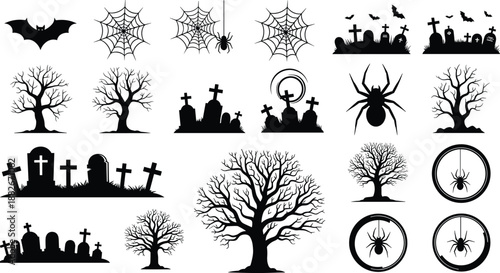 Halloween spooky silhouettes collection with bats, spiders, haunted trees and graveyards, dark horror elements for scary holiday designs, black vector illustration isolated