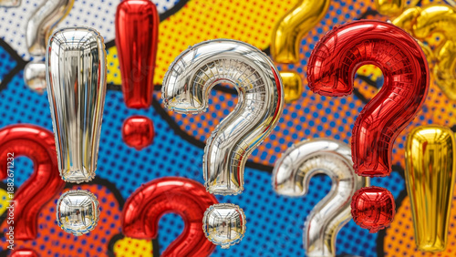 Wallpaper Mural A collection of shiny metallic red, silver, and gold question mark and exclamation point balloons on a vibrant comic book style background, perfect for quizzes and brainstorming Torontodigital.ca
