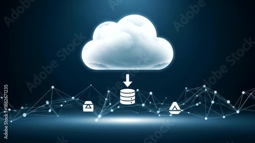 Cloud computing concept with data download, digital network connections, and abstract technology background