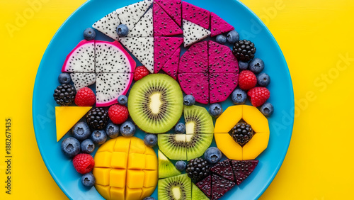 Wallpaper Mural Vibrant geometric arrangement of healthy, freshly cut tropical fruits and berries on a blue plate against a bright yellow background Torontodigital.ca