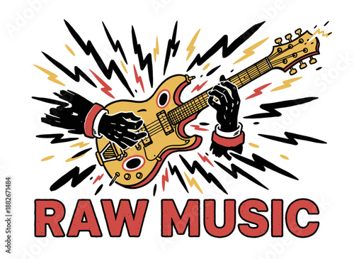 Electric guitar print design for t shirt print, poster, sticker and other uses. Raw music art. Music tour logo design.