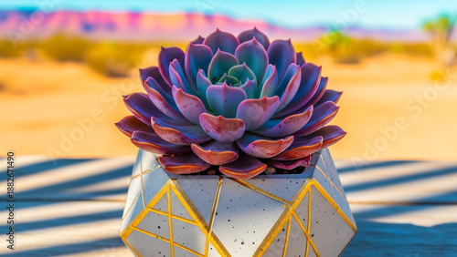 Wallpaper Mural Close-up of a vibrant purple succulent plant with delicate pink edges, displayed in a unique geometric concrete pot with gold accents, set against a blurred desert landscape background Torontodigital.ca
