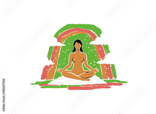 Woman meditating illustration design. Inner peace artwork. Yoga lifestyle print. Spirit and mind poster design. Abstract vector graphic for t shirt pr