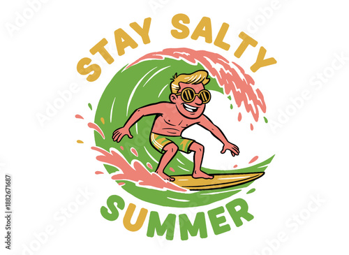 Surfing club artwork. Ocean wave artwork. Stay Salty Summer typography design. Tropical abstract art design. Surfer cartoon illustration for t shirt p