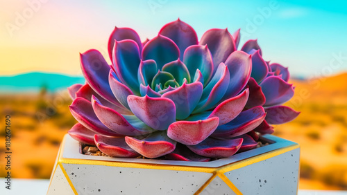 Wallpaper Mural Exotic Echeveria succulent displaying vibrant purple and green colors, beautifully potted in a modern concrete container, set against a blurred scenic desert background during golden hour Torontodigital.ca