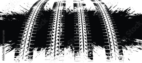 Grunge tire track texture background with heavy vehicle tread marks, rugged transportation and off road motion concept, urban dirt and ink splatter illustration