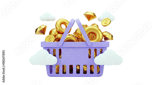 Purple Shopping Basket Overflowing with Gold Coins and Gems