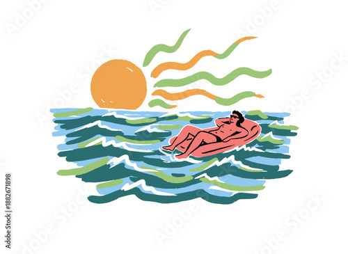 Ocean lover. Enjoy summer days. Coastal vibes design. Man floating on sea artwork. Summer good vibes design for t shirt print, poster, sticker, backgr