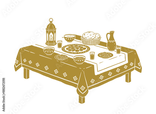 Ramadan Iftar table illustration. Fasting break dinner design. Muslim Holy month celebration artwork. Islamic graphic print for t shirt print, poster,