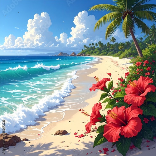 A serene beach scene with vibrant pink flowers, palm trees, and turquoise water under a blue sky with fluffy clouds