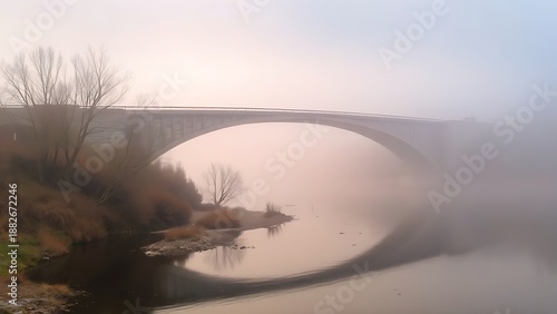 Stone arch bridge spanning river shrouded in morning mist with soft focus.