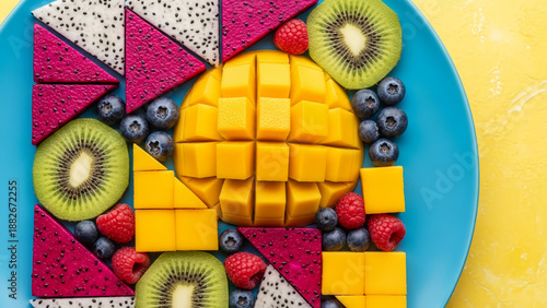 Wallpaper Mural Vibrant and refreshing platter of assorted cut fruits, showcasing a colorful arrangement of dragon fruit, kiwi, mango, blueberries, and raspberries on a bright blue plate Torontodigital.ca