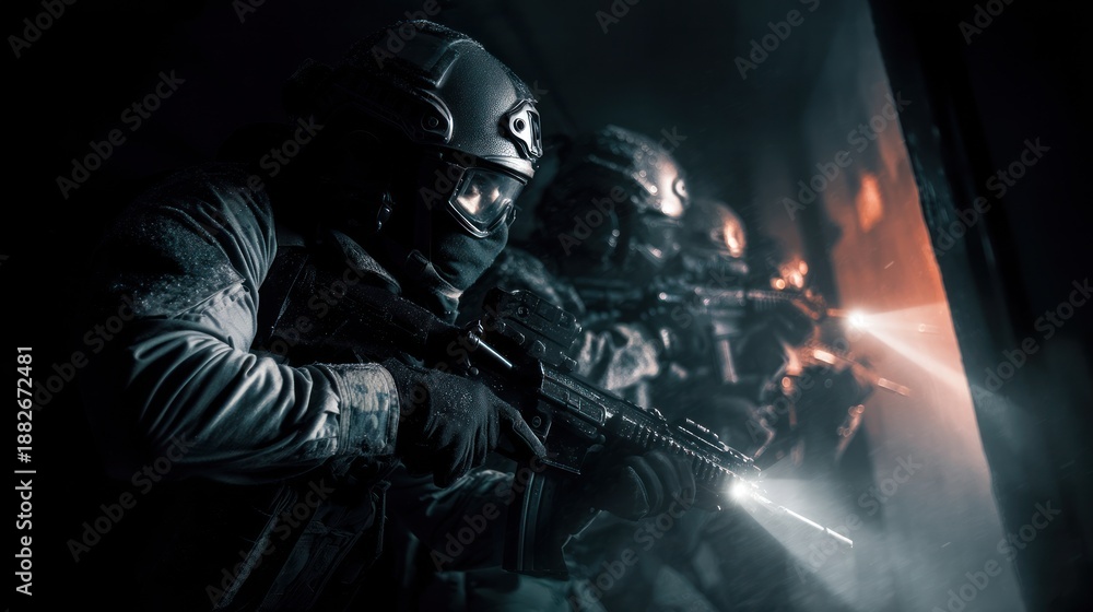Naklejka premium Armed special forces team entering a room