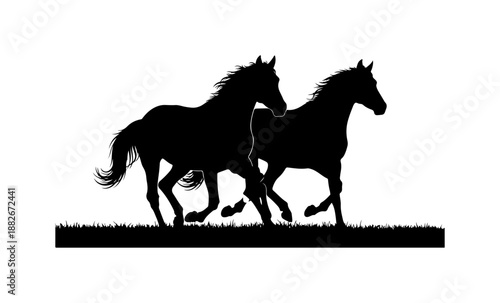 Two Horses Running on Grass