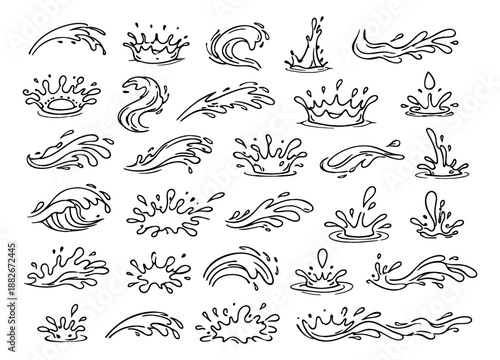 Hand drawn line art water splashes set featuring various liquid forms and droplets for refreshing drinks and aquatic designs