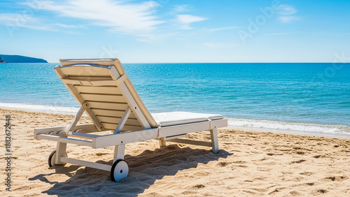 Wallpaper Mural White beach lounge chair on golden sand, overlooking the clear turquoise ocean under a brilliant blue sky, offering serene relaxation and an idyllic summer vacation Torontodigital.ca