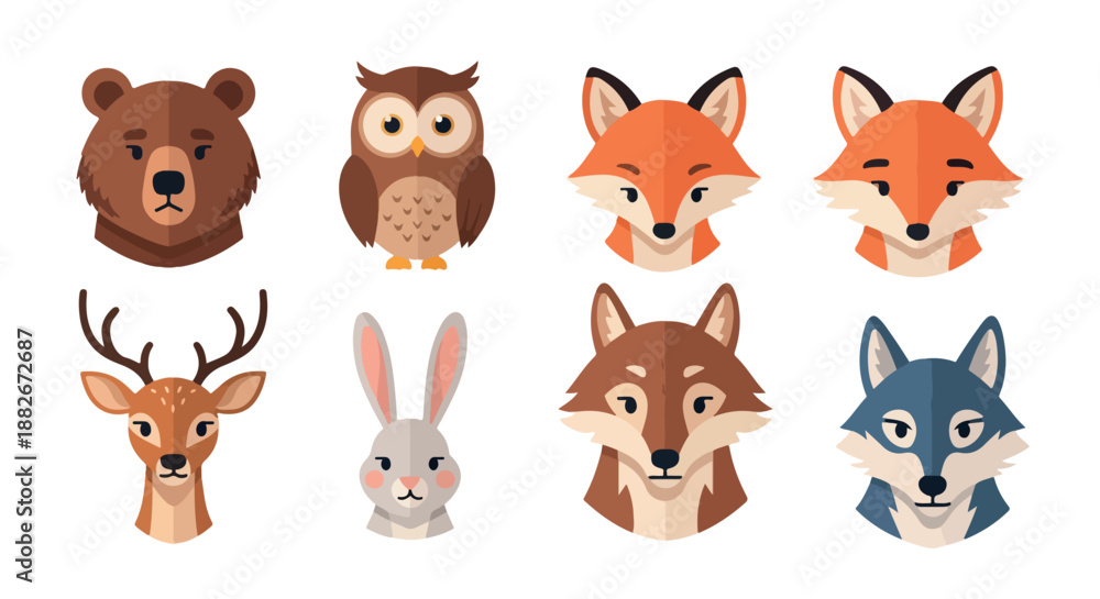 Obraz premium Forest animal heads flat style with transparent background
