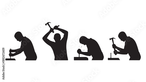 Black Silhouette Man Working with Hammer on Anvil in Various Positions
