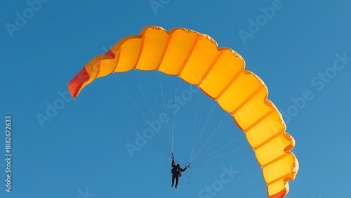 Close-up of a colorful parachute canopy against a clear blue sky.
