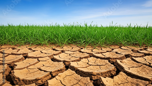Wallpaper Mural Contrast between parched, cracked earth and lush, green grass under a clear blue sky Torontodigital.ca
