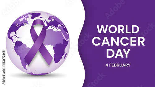 World cancer day awareness campaign purple ribbon on globe symbolizing global health and cancer research efforts worldwide every year on february 4th