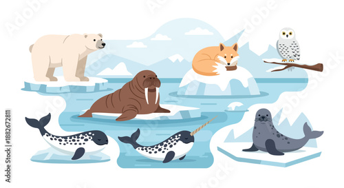 Arctic animals on ice floes with snowy landscape