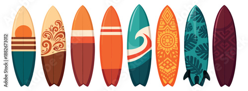 Modern flat surfboard set featuring various tropical designs for summer sports themes