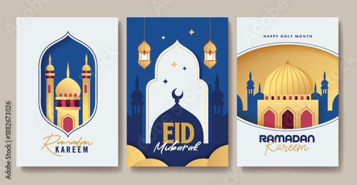 Islamic festival poster background design with mosque, flower, arabic calligraphy, crescent moon and lantern. Suitable for Ramadan Kareem , Hari Raya, Eid Mubarak, Eid al Adha.