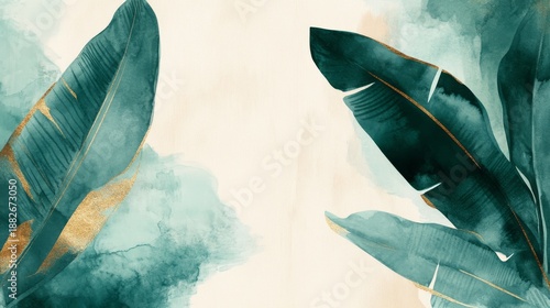 112.Minimalist tropical illustration with golden banana leaf outlines, watercolor brushstrokes in emerald and teal, and soft beige accents for an elegant background.