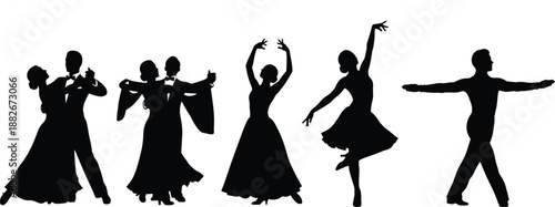 Dance silhouette, ballroom and ballet poses, expressive movement vector, black illustration art, graceful form, cad drawing flat vector illustration