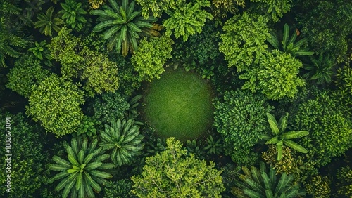 A vibrant aerial view of diverse green foliage surrounds a grassy circular clearing in the center