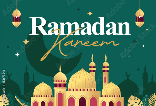 Islamic festival poster background design with mosque, flower, arabic calligraphy, crescent moon and lantern. Suitable for Ramadan Kareem , Hari Raya, Eid Mubarak, Eid al Adha.