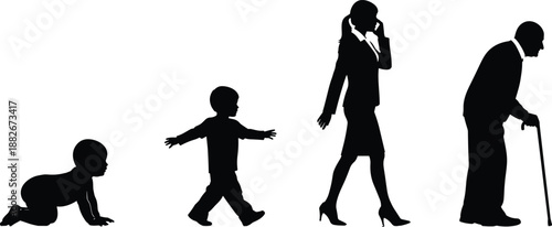 Human life stages silhouette illustration showing growth from baby crawling to child walking, adult working woman, and elderly person with cane in black vector style