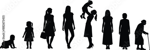 Human life stages silhouettes showing baby child adult parent motherhood aging woman evolution family lifecycle growth time concept illustration