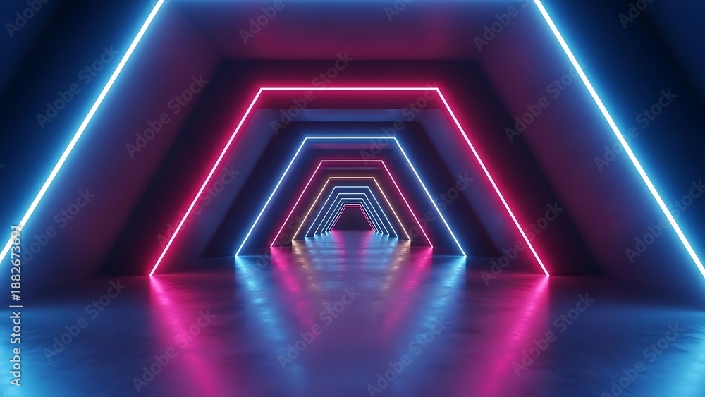 Fototapeta premium Futuristic neon lit tunnel with blue and pink lights 3