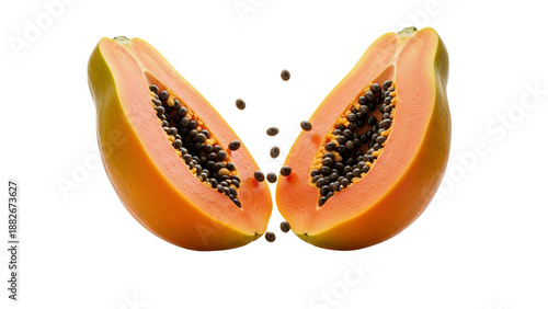 Two vibrant halves of a perfectly ripe tropical papaya reveal their glistening black seeds, artfully captured in a pristine studio setting,