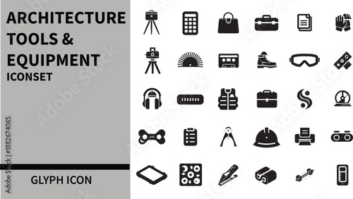 Vector Glyph icons set of Architectural Tools & Equipment, blueprints, construction tools, house plans, location markers, engineering equipment, and real estate design projects.