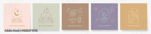 Ramadan Kareem Set of greeting cards, holiday covers, invitations, logo, icons, posters, . Modern beautiful luxury line art design templates with mosque, moon crescent, stars in the sky, arched window