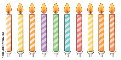 Cartoon striped birthday candle set featuring lit flames in various colors for celebrations