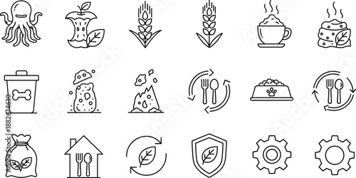 Sustainable food and eco lifestyle line icons set with organic meals, recycling, protection and zero waste concepts, modern outline vector illustration isolated